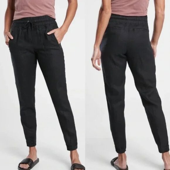 ATHLETA pants cabo linen jogger elastic waist pockets casual black petite 14P - Picture 1 of 8